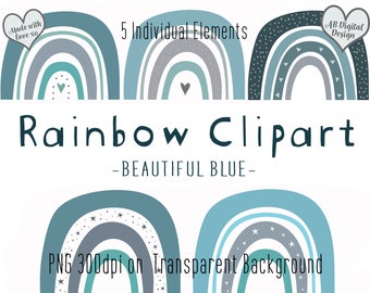 Rainbow Blues Clip Art | Boys Nursery Clipart | Cute Children's Clipart| Boho Rainbows | Scandi Nursery Clipart | PNG Digital File