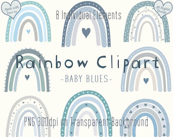 Blaue Boho Regenbogen Clipart | Blue Nursery Clipart | Süße Kinder Clipart | Baby Boys Nursery Clipart | PNG-Datei