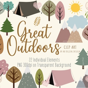 Outdoors Nature Clipart | Camping, Trees, Tents, Mountains | Outdoor Adventure | Cute Kids Baby Clipart | Woodlands, Forest | PNG Files