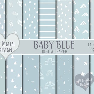 Baby Blue Digital Paper | Baby Boy, Baby Shower | Boho, Rainbows, Leaves, Arrows | Scrapbooking | Scandi | Pastel Blue | JPEG Files