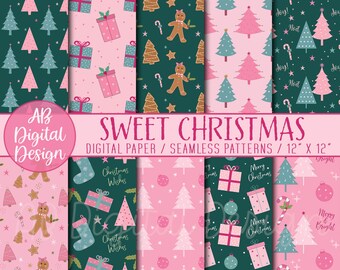 Pink Christmas Digital Paper | Seamless Patterns | Gingerbread Girls, Christmas Trees & Gifts Cute Printable Paper | JPEG Files