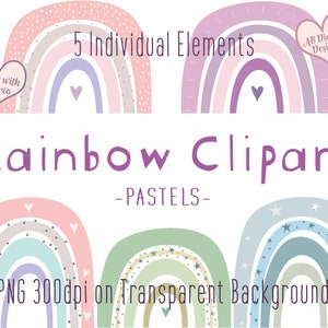Pastels Rainbow Clip Art | Pallette verte rose pourpre | Clipart mignon pour enfants | Arcs-en-ciel Boho | Scandi Nursery Clipart | Fichier PNG