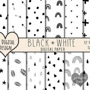 Può includere: Un set di 12 carte digitali in bianco e nero con motivi geometrici semplici come stelle, frecce, punti, arcobaleni, cuori e segni più. Ogni carta misura 30,48 cm per 30,48 cm.