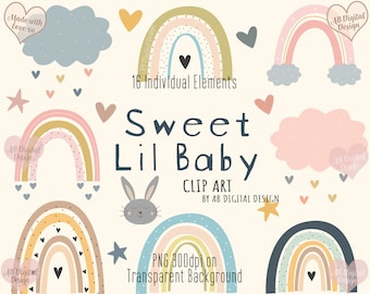 Baby Nursery Clipart | Boho Rainbows, Clouds, Hearts & Stars | Cute Kids Clipart | Baby Shower Graphics | PNG Files