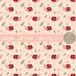 Cute Ladybugs Digital Paper Background | Spring Garden Seamless Pattern | JPEG File