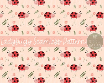 Cute Ladybugs Digital Paper Background | Spring Garden Seamless Pattern | JPEG File