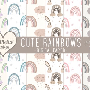 Rainbow Digital Paper | Baby Shower | Baby Girl or Boy | Scrapbooking | Modern Boho Rainbows, Clouds, Stars | JPEG Files