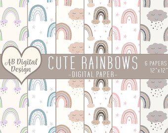 Rainbow Digital Paper | Baby Shower | Baby Girl or Boy | Scrapbooking | Modern Boho Rainbows, Clouds, Stars | JPEG Files