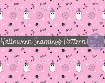 Cute Halloween Digital Paper | Pink Halloween Seamless Pattern | Cute Ghost & Spiders Pattern | JPEG File