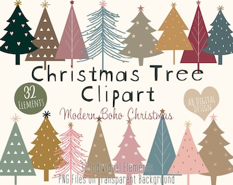 Christmas Tree Clipart | Modern Christmas Clipart | Festive Season | Boho Scandi Christmas | PNG Files