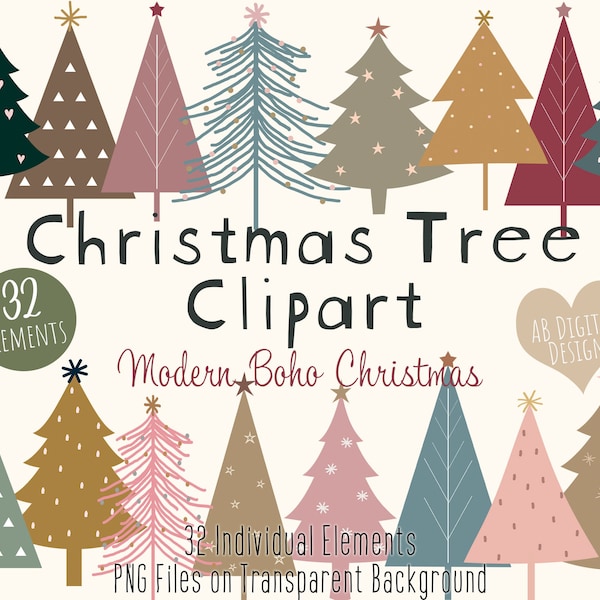Christmas Tree Clipart | Modern Christmas Clipart | Festive Season | Boho Scandi Christmas | PNG Files