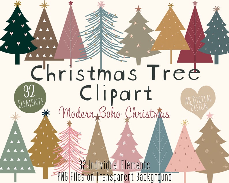 Christmas Tree Clipart Modern Christmas Clipart Festive Season Boho Scandi Christmas PNG Files image 1