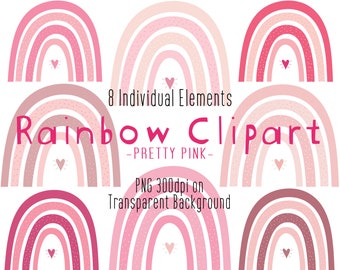 Rosa Regenbogen Clip Art | Mädchen Cute Clipart | Boho Regenbogen | Valentinstag | Muttertag | Scandi Kinderzimmer Clipart | PNG Dateien
