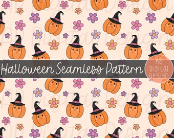 Cute Halloween Pumpkins Digital Paper | Kids Retro Floral Halloween Seamless Pattern | JPEG File
