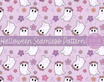 Cute Halloween Ghosts Digital Paper | Retro Floral Halloween Seamless Pattern | JPEG File