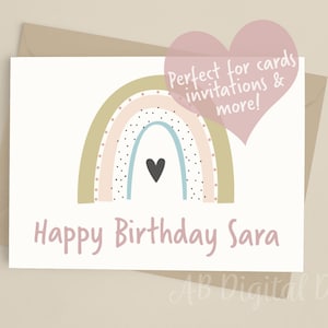 以下が含まれることがあります： 虹とハートが描かれた、印刷可能な誕生日カード。テキストは「Happy Birthday Sara」です。