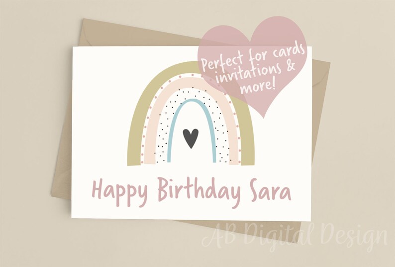 以下が含まれることがあります： 虹とハートが描かれた、印刷可能な誕生日カード。テキストは「Happy Birthday Sara」です。