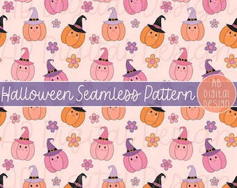 Cute Halloween Pumpkins Digital Paper | Kids Floral Halloween Seamless Pattern | JPEG File
