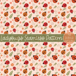 Ladybugs Digital Paper Background | Spring Garden & Bugs Seamless Pattern | JPEG File
