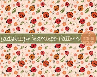 Ladybugs Digital Paper Background | Spring Garden & Bugs Seamless Pattern | JPEG File
