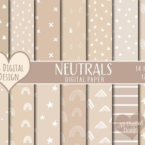 Papel Digital Neutro | Marrom, Bege | Chá de bebê | Álbum de recortes | Boho, arco-íris, folhas | Padrões Escandinavos | Arquivos JPEG