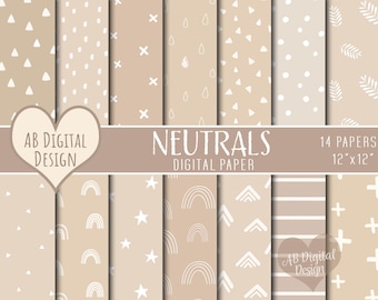 Neutral Digital Paper | Brown, Beige | Baby Shower | Scrapbooking | Boho, Rainbows, Leaves | Scandi Patterns| JPEG Files