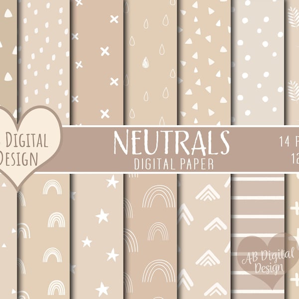 Neutral Digital Paper | Brown, Beige | Baby Shower | Scrapbooking | Boho, Rainbows, Leaves | Scandi Patterns| JPEG Files