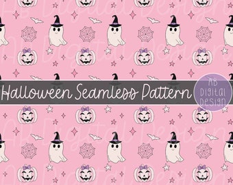 Cute Halloween Digital Paper Background | Pink Halloween Pumpkin & Ghost Seamless Pattern | JPEG File