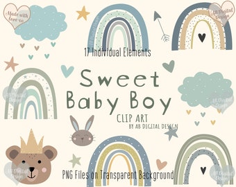 Baby Boy Nursery Clipart | Blue Green Boho Rainbows, Clouds, Hearts & Stars | Cute Baby Shower Graphics | PNG Files