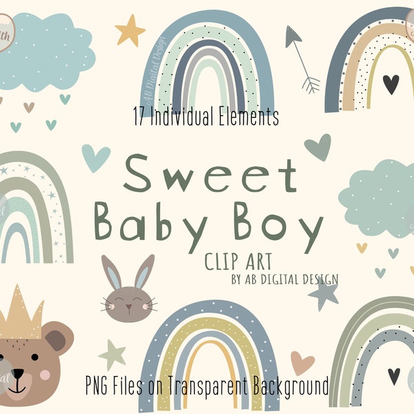 Baby Boy Nursery Clipart | Blaugrüne Boho Regenbogen, Wolken, Herzen & Sterne | Niedliche Baby Shower Grafik | PNG-Dateien