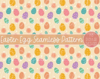 Cute Easter Digital Paper Background | Colorful Easter Eggs & Daisies Seamless Pattern | JPEG File