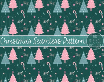 Christmas Tree Digital Paper | Seamless Pattern | Cute Scandi Christmas Printable Paper | Green & Pink | JPEG Files