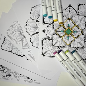 May include: A set of colouring pages featuring intricate mandala designs. The pages are printed on white paper and are ready to be coloured with markers or coloured pencils. The image also shows a variety of coloured markers.