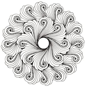 May include: Black and white mandala design with swirling, stylized feather-like shapes radiating from a central circle. The design includes intricate details with small dots and curved lines. The artist's name, LezaKimDesign, is in the lower left corner.