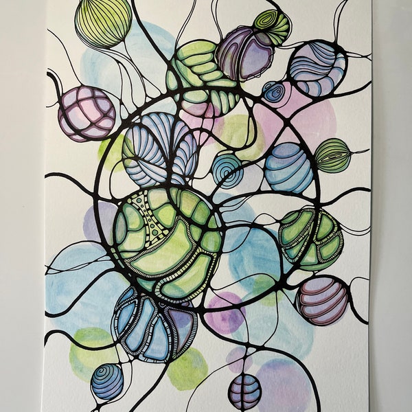 Zentangle art / fine line art / doodle art / zentangle inspired wall art / neurographic art / home wall decoration / watercolour artwork