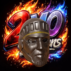 May include: A metallic gray mask with a detailed face, set against a fiery background with the text "20" in red and blue. The mask has a futuristic design with a yellow stripe.