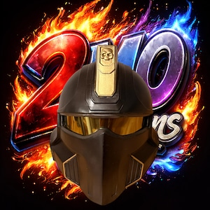 May include: A black and gold futuristic helmet with a skull emblem, set against a fiery background with the text "20 Years". The helmet has a visor and angular design, suggesting a sci-fi or gaming theme.