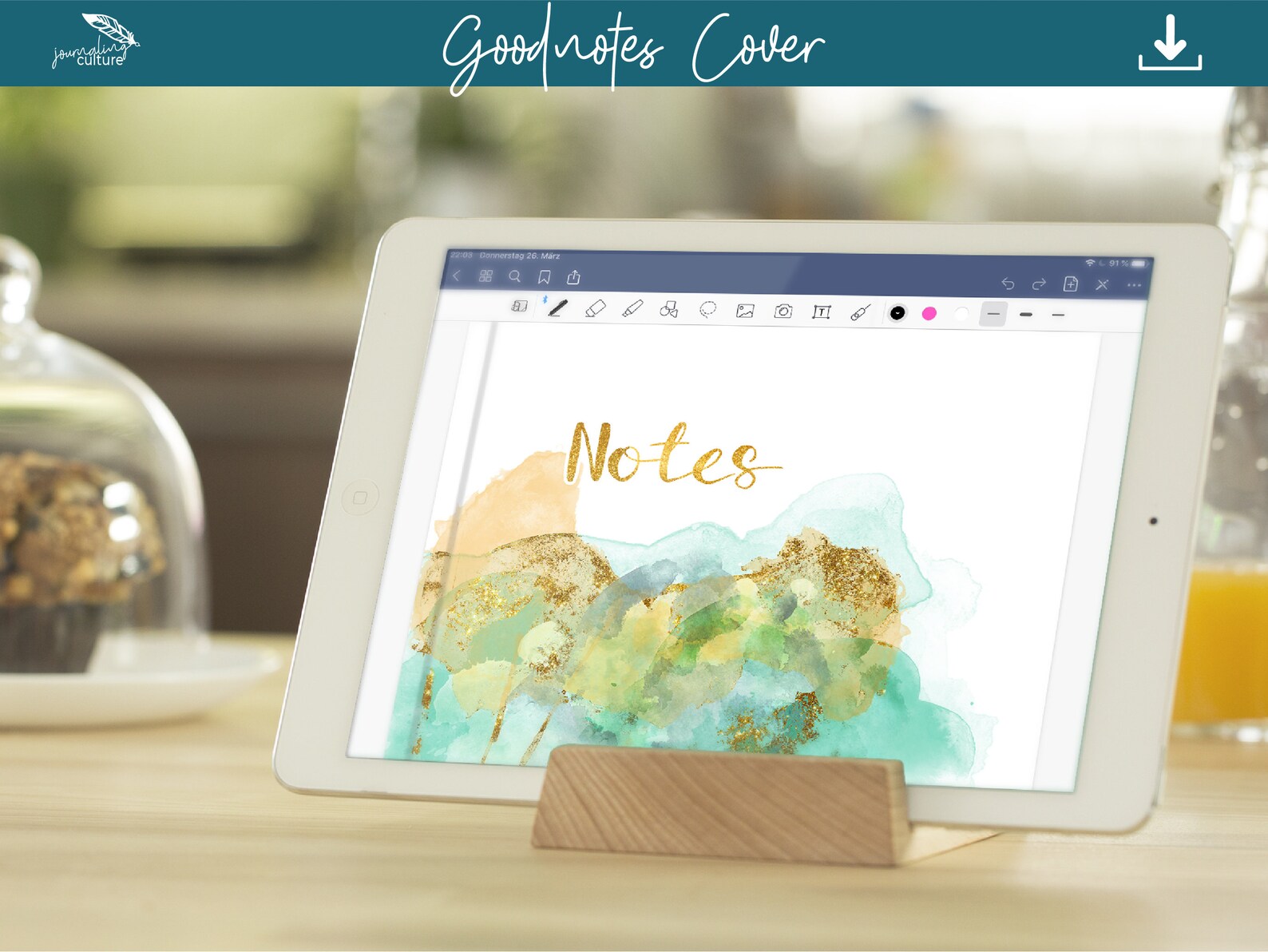 Digital Notebook Cover Green-gold Watercolor for iPad Goodnotes or ...