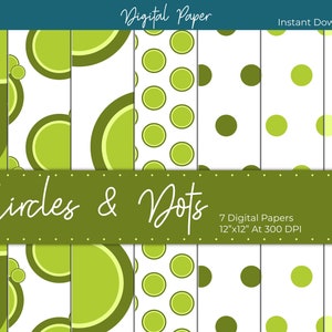 Digital Paper, Green Circles And Dots, 7 Different Patterns For Printing Or As Digital Scrapbooking Paper - Commercial Use