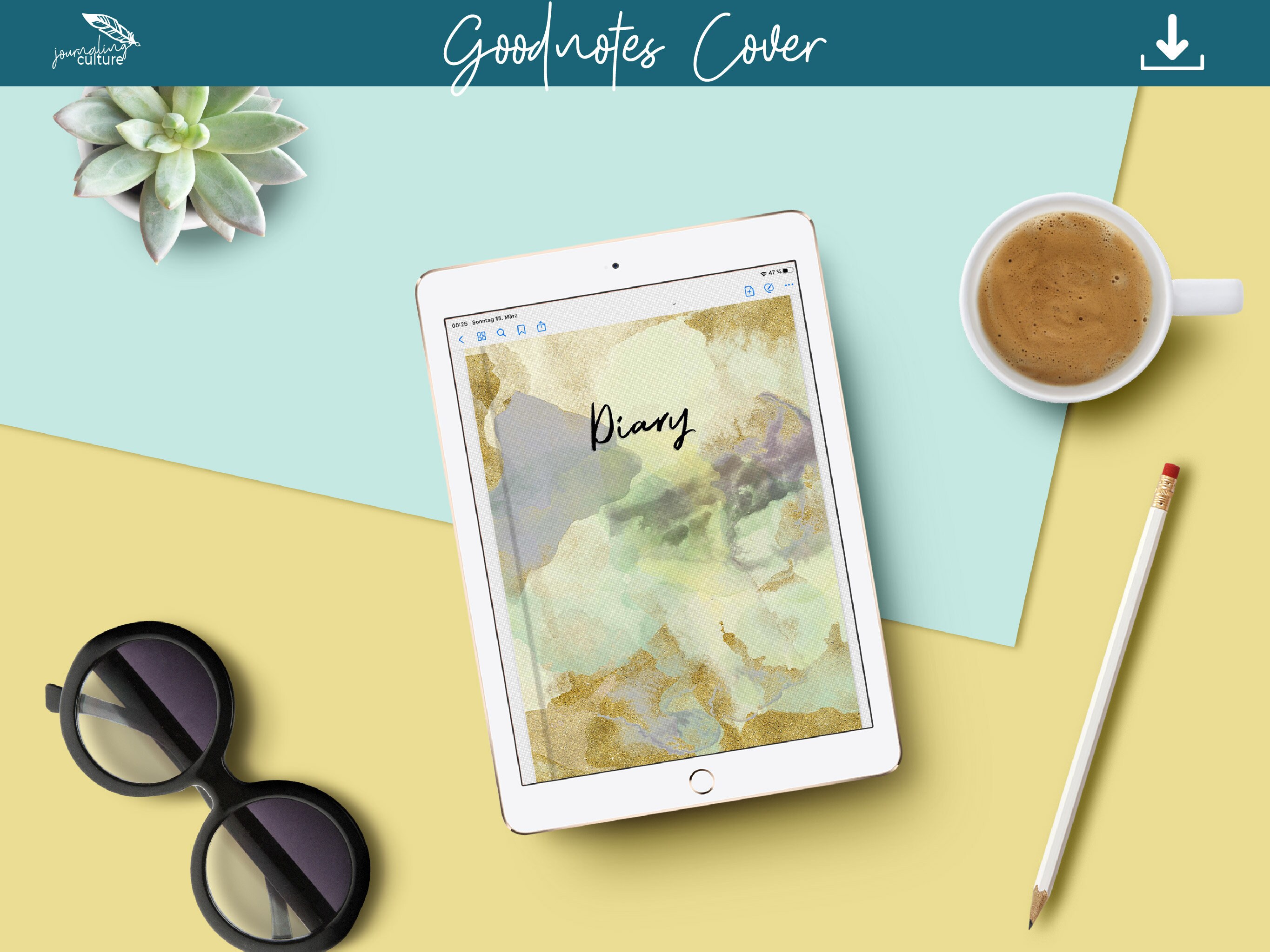 Digital Notebook Cover Green, Yellow, Golden Watercolor for iPad ...