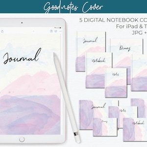 Op de afbeelding: Vijf digitale notitieboekcovers voor iPad en tablet. De covers hebben een aquarelontwerp van bergen in roze en paarse tinten. De covers zijn gelabeld met "Journal", "Diary", "Notebook" en "Notes".