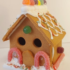 May include: A gingerbread house with a brown biscuit base, decorated with white icing, colourful sprinkles, and gumdrop sweets. The roof is adorned with white icing and colourful gumdrops. Red candy canes and a green gumdrop decorate the front.