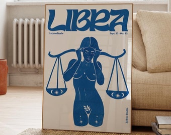 Blue Retro Libra Wall Art Poster/Printable Art/Minimalist Wall Art/Trendy Astrology Art/Libra Art Print/ Digital Download/Zodiac Art