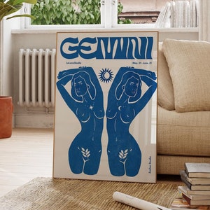 Blue Retro Gemini Wall Art Poster/Printable Art/Minimalist Wall Art /Trendy Astrology Art/Gemini Art Print/ Digital Download/ Zodiac Art