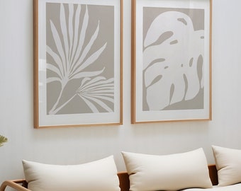 Abstract Wall Art Print Set of 2, Botanical Leaf Wall Art, White and Beige Art, Printable Modern Wall Art, Digital Download, Boho Leaf Print