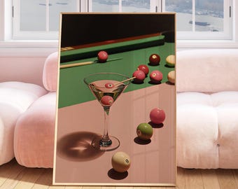 Mesa de billar retro / Bola 8 rosa / Arte Martini / Impresión digital / Billar retro