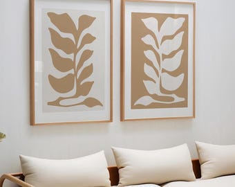 Abstract Print Set of 2 |  Botanical Leaf Wall Art | Neutral Decor |  Art For Living Room | Digital Print | Modern Botanical