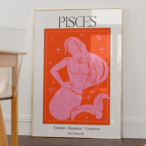 Sztuka ścienna bogini Ryb, wydruk cyfrowy znaku zodiaku, wydruk artystyczny astrologii, plakat artystyczny Ryb, prezent urodzinowy ze znakiem zodiaku, sztuka retro, sztuka cyfrowa