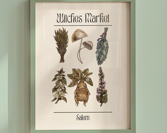 Póster de arte herbológico de Salem del mercado de las brujas/arte de pared de brujería/impresión de arte herbológico/impresión del mercado de flores/arte estético de las brujas/arte de apartamento de moda