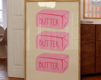 Póster de mantequilla rosa - Póster de cocina retro - Arte gastronómico moderno - Decoración de cocina femenina - PopArt rosa preppy - Arte imprimible - Arte mural para amantes de la mantequilla
